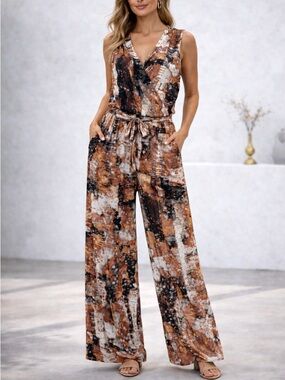 Sleeveless Tie-Waist Wide-Leg Jumpsuit in Rust Print